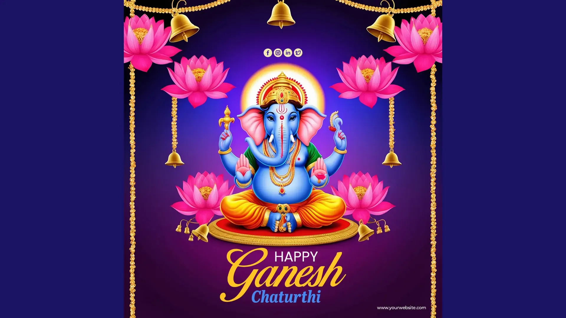 Elegant Ganesh Chaturthi Card with Pink Lotus and Golden Bell Garlands for Instagram Post